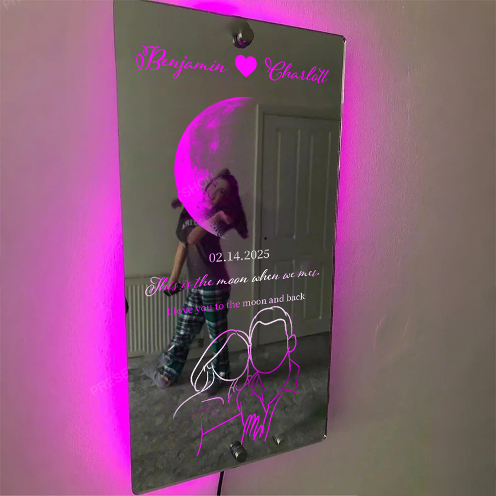 Custom Valentine's Day Silhouette Photo Anniversary Moon Phase Mirror Light