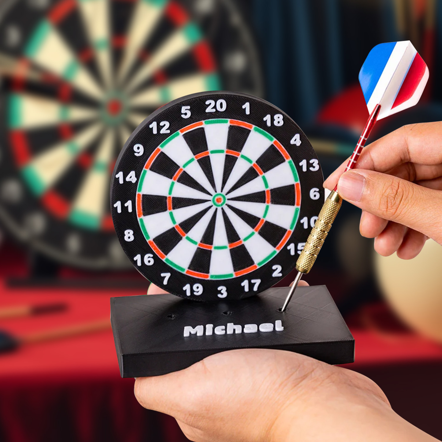 Personalized 3D Printed Dartboard Pattern Dart Holder with Text and Base for Holding 3 Darts Desk Decor Birthday Gift for Dart Lovers