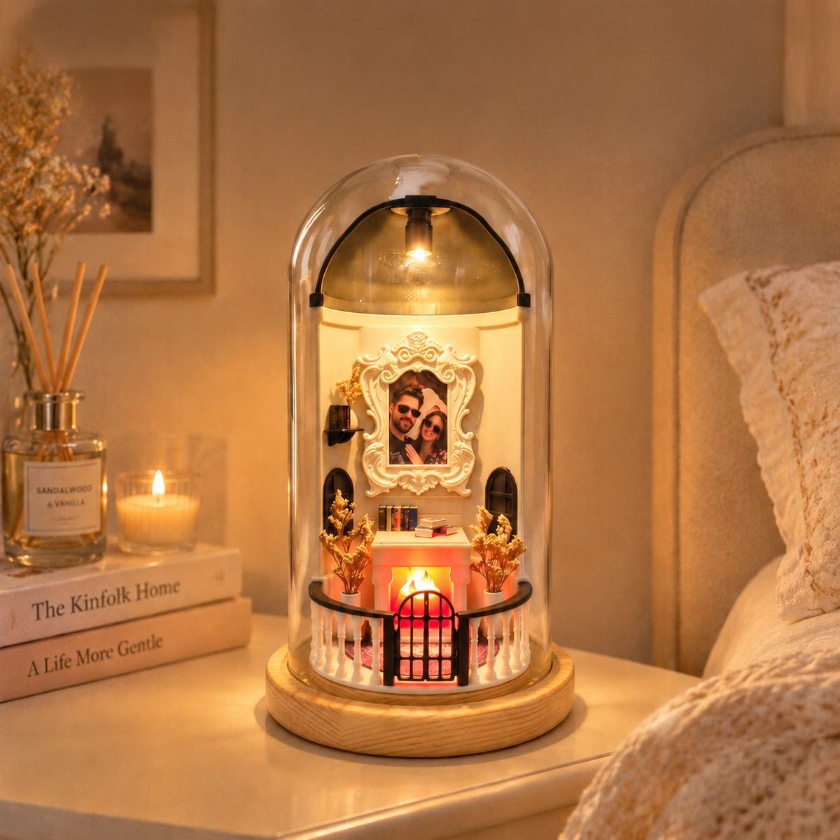Personalized Miniature Fireplace Museum of Us Custom Photo Vintage Room Decor with Wooden Base Gift for Couple