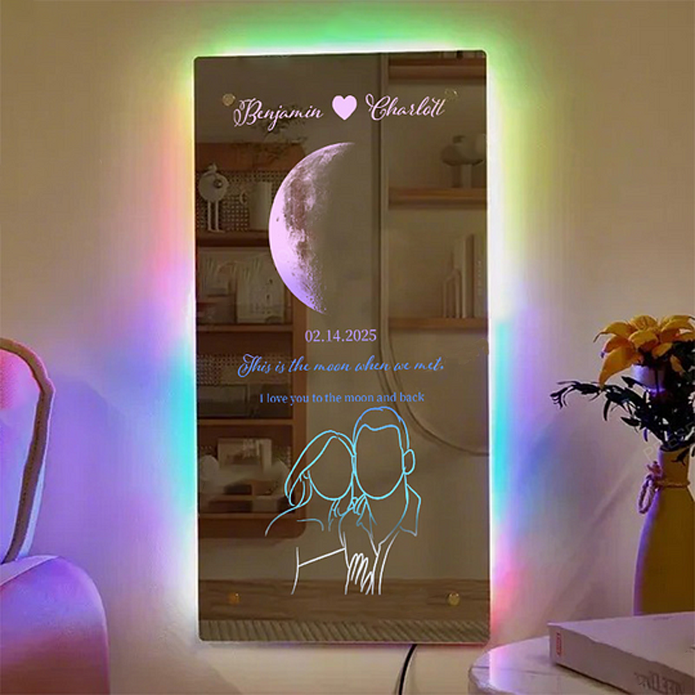 Custom Valentine's Day Silhouette Photo Anniversary Moon Phase Mirror Light