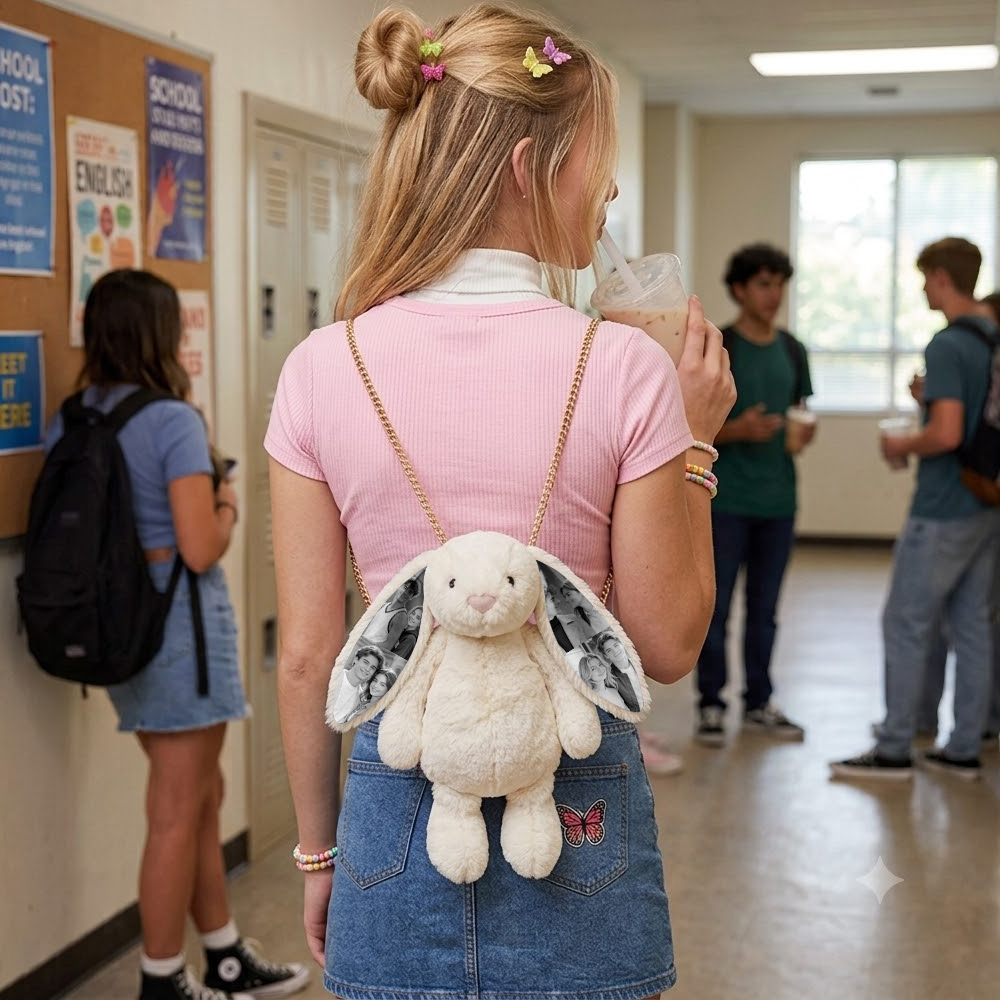 Custom Photo Bunny Convertible Bag - Versatile Plush Rabbit Backpack & Crossbody purse with Personalized Ear Prints, Unique Gift for Her, Kids & Pet Lovers