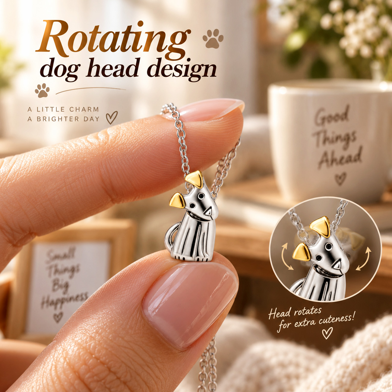 Dog Necklace Movable Head Puppy Pendant Two-Tone Silver & Gold-Tone Dog Charm Chain Necklace Pet Lover Jewelry Gift for Women
