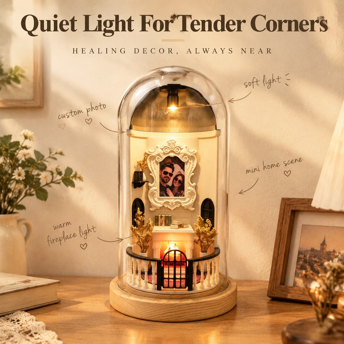 Personalized Miniature Fireplace Museum of Us Custom Photo Vintage Room Decor with Wooden Base Gift for Couple detail