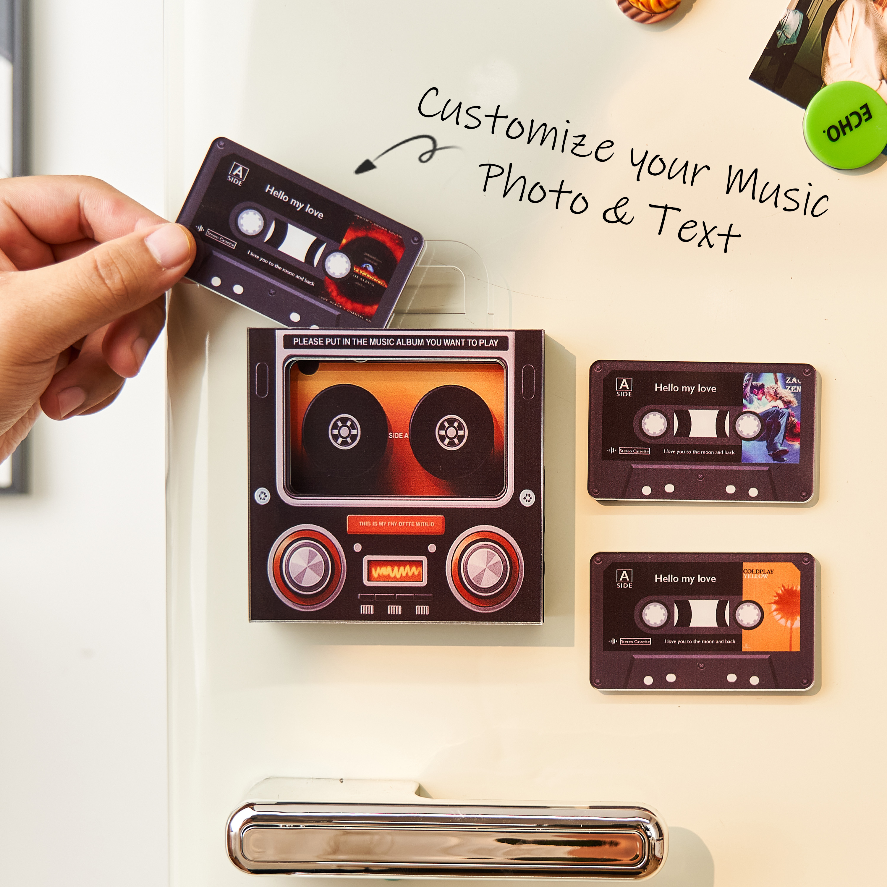 Custom Music Mixtape Fridge Magnet with Preview | Auto-Play 1/3/6/9 Songs Cassette Style Photo Magnet with Changeable Tape & Song | No App Needed Romantic Gift for Couples & Anniversary