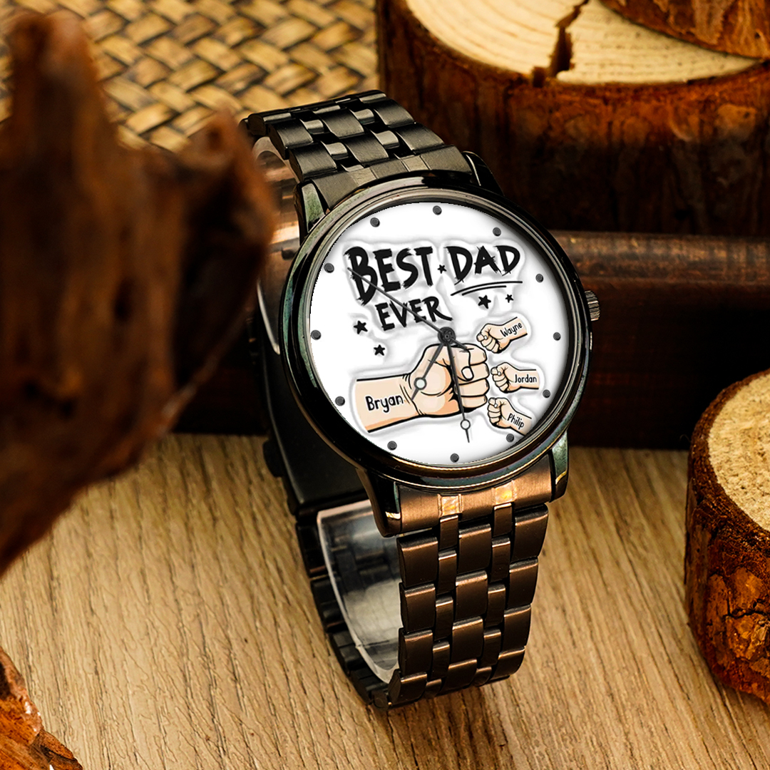 Custom Engraved Watch Men's Black Alloy Watch Holding Hands Bracelet Father's Day Gift for Dad - soufeelus