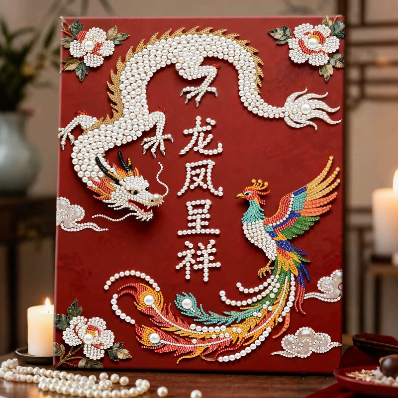 DIY Pearl Painting Kit with Dragon & Phoenix Design Beginner-Friendly Craft Set with Frame Elegant Beads Art Perfect Gift for Family Friends or Yourself - soufeelus