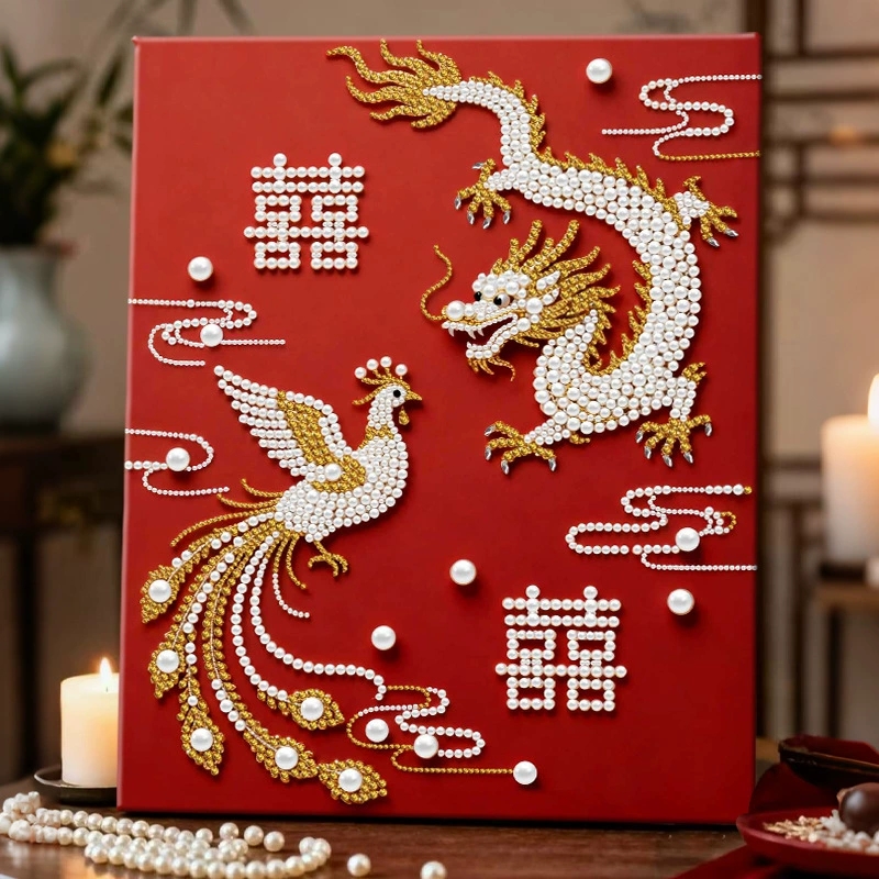 DIY Pearl Painting Kit with Dragon & Phoenix Design Beginner-Friendly Craft Set with Frame Elegant Beads Art Perfect Gift for Family Friends or Yourself - soufeelus