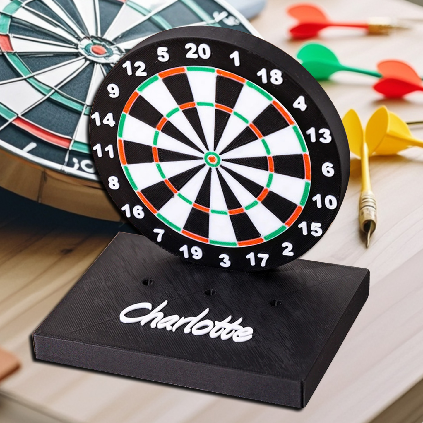 Personalized 3D Printed Dartboard Pattern Dart Holder with Text and Base for Holding 3 Darts Desk Decor Birthday Gift for Dart Lovers