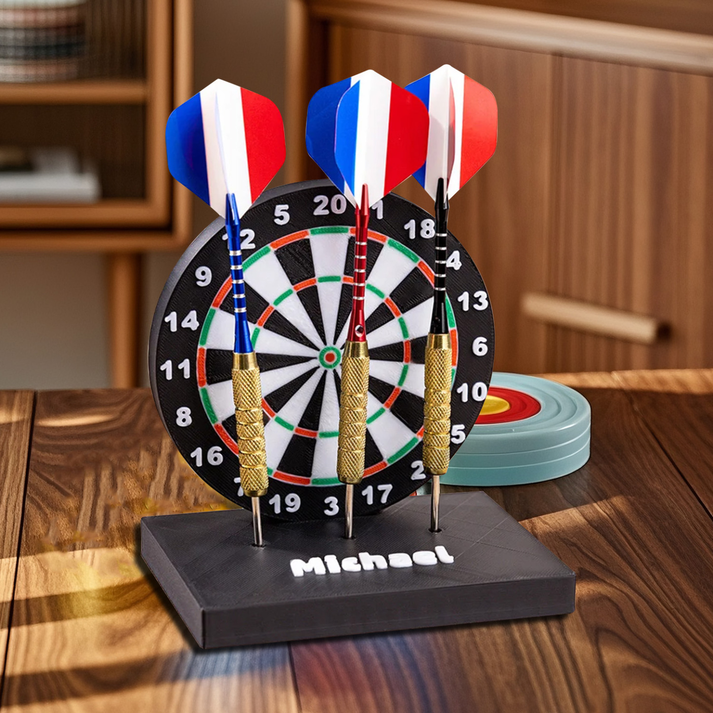 Personalized 3D Printed Dartboard Pattern Dart Holder with Text and Base for Holding 3 Darts Desk Decor Birthday Gift for Dart Lovers
