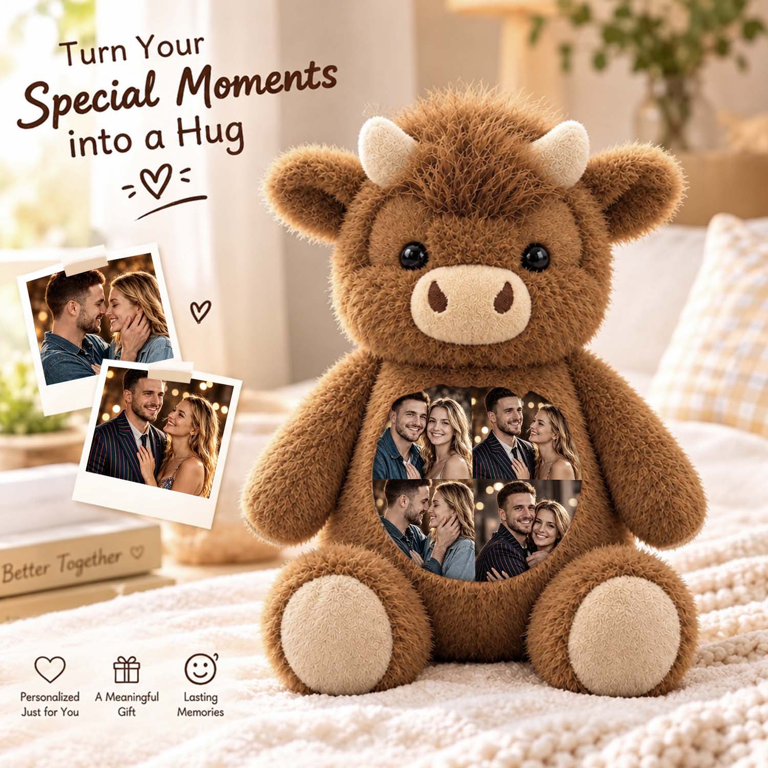 Custom Photo Highland Cow Plush Toy Personalized Picture Stuffed Highland Cattle Cute Family & Anniversary Keepsake Gift for Kids & Couples