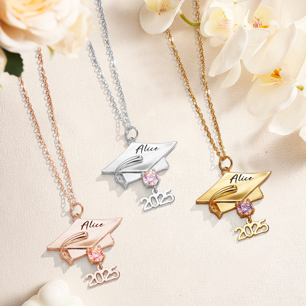 Personalized Graduation Cap Pendant Necklace Custom Birthstone & Name Sterling Silver Necklace Graduation Jewelry Gift for Her/Girlfriend/Daughter