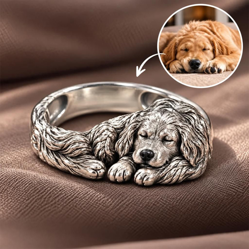 Personalized Dog Photo Ring – Custom 3D Sculpted 925 Sterling Silver Sleeping Pet Ring with Engraved Name