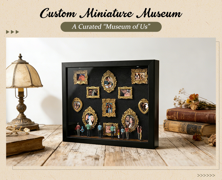 Personalized Miniature Art Gallery 3D Shadow Box - Custom Photo Gallery Wall with "Art and a Small Museum" Banner & Mini Spectator Figures - Unique Couples Romantic Gift