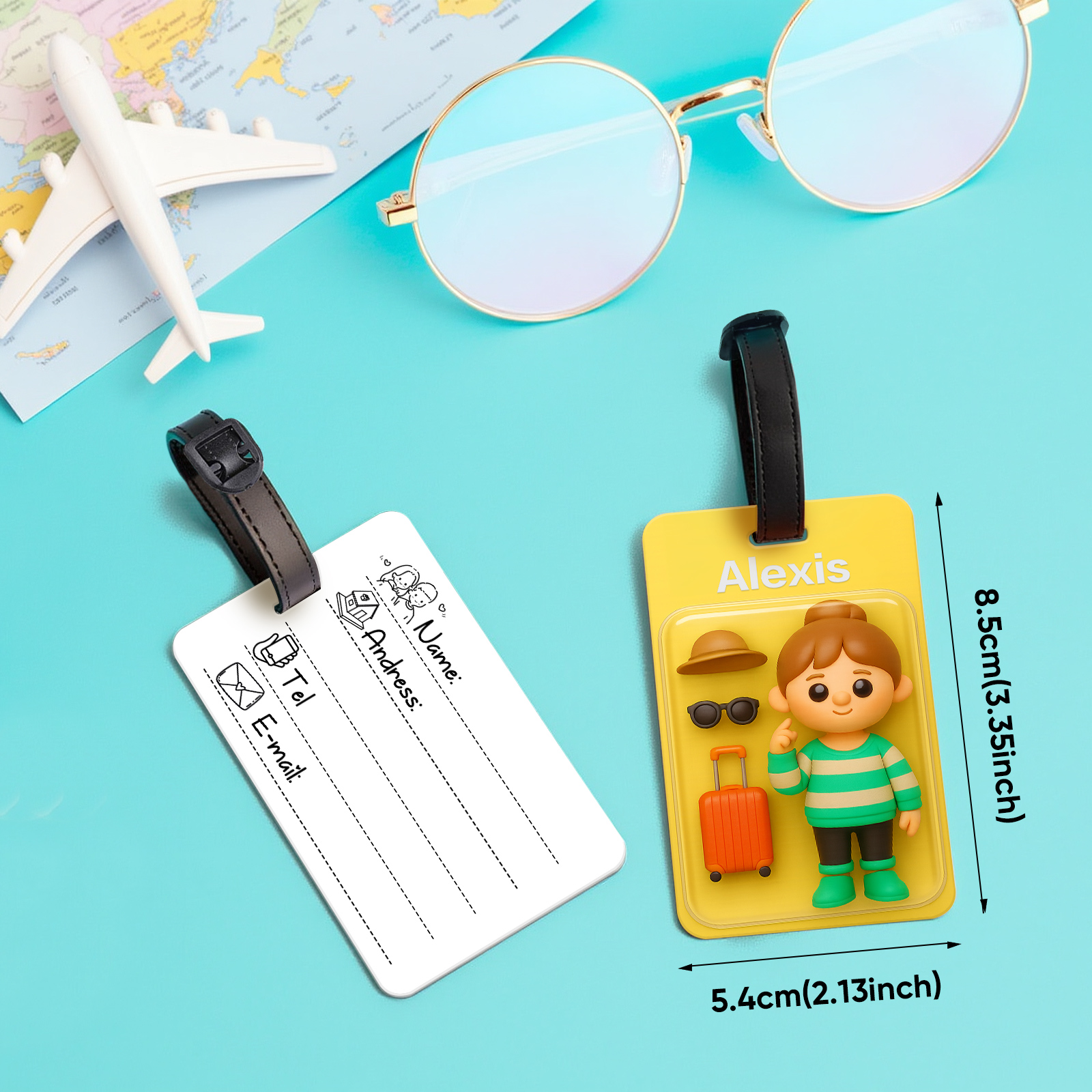 Fully Body Custom 3D Effect Cartoon Character Traveling Luggage Tag with Name and Photo 2D Printing Travel Accessory Birthday Gift for Travel Lover detail