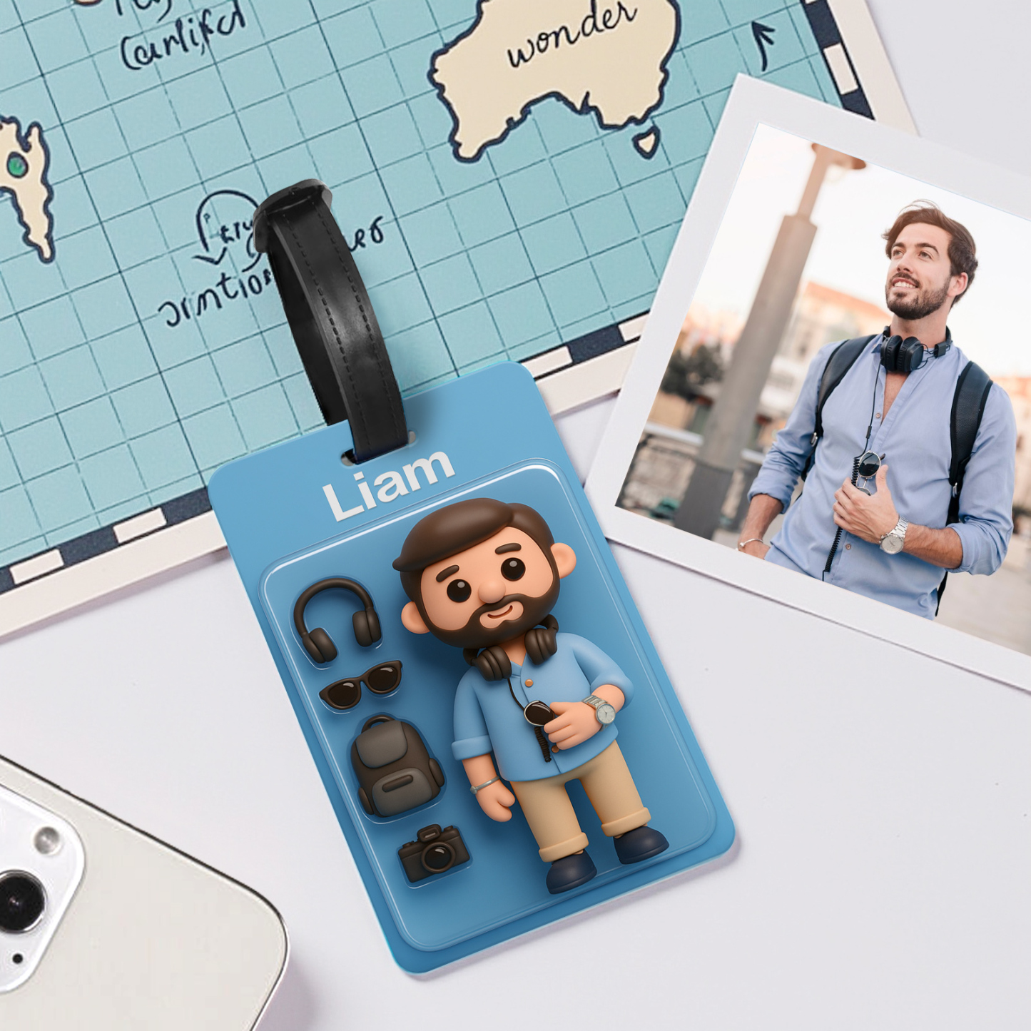 Fully Body Custom 3D Effect Cartoon Character Traveling Luggage Tag with Name and Photo 2D Printing Travel Accessory Birthday Gift for Travel Lover