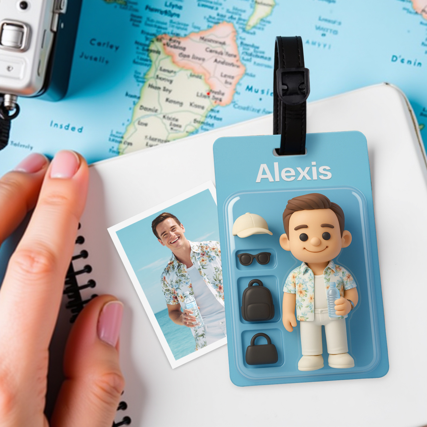 Fully Body Custom 3D Effect Cartoon Character Traveling Luggage Tag with Name and Photo 2D Printing Travel Accessory Birthday Gift for Travel Lover