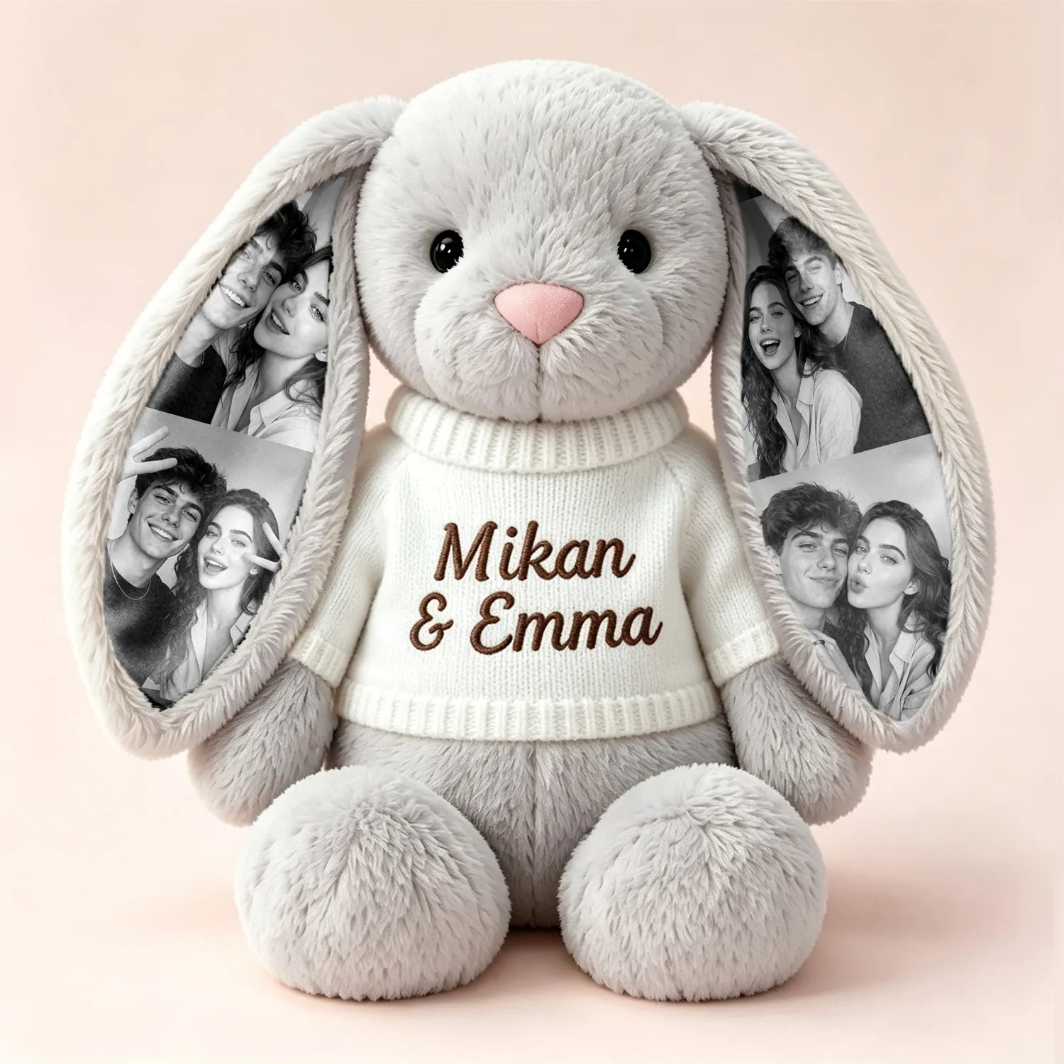 Custom Photo Bunny Plush with Personalized Name Embroidery & Hidden Ear Picture – Cute Bunny Gift for Couples, Anniversary Gifts