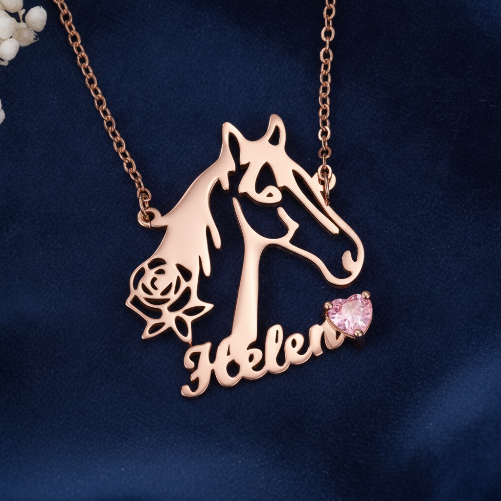 Personalized Hollow Horse Rose Sterling Silver Necklace with Name and Birthstone Dainty Jewelry Birthday Gift for Horse Lovers