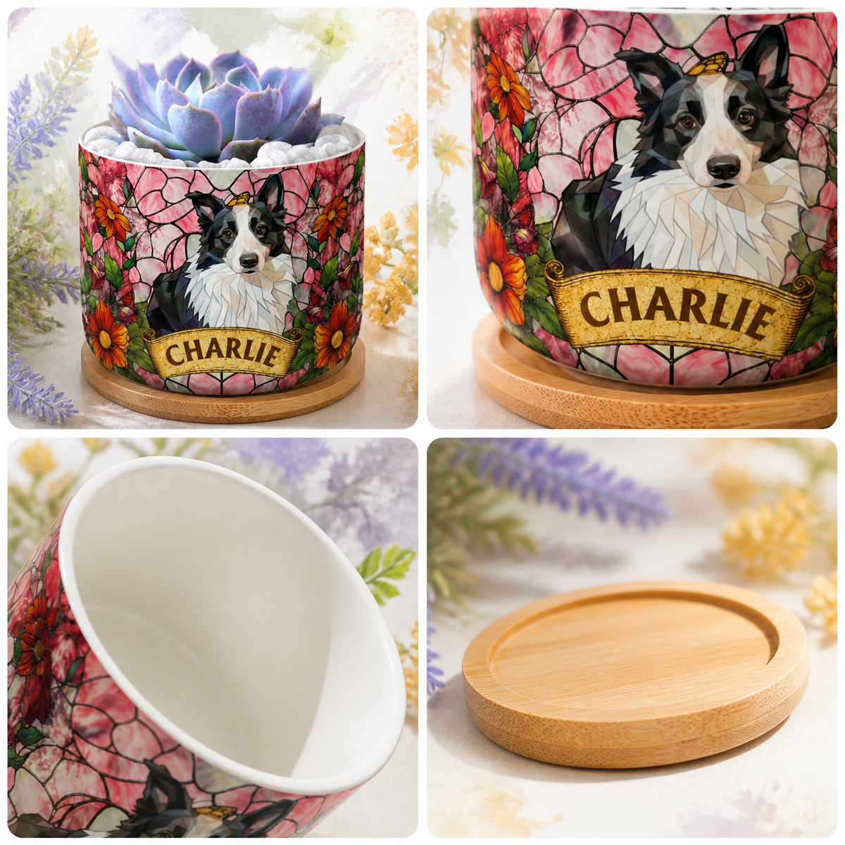 Custom Pet Portrait Plant Pot – Personalized Stained Glass Style Planter, Pet Memorial Gift, Dog & Cat Loss Sympathy Keepsake