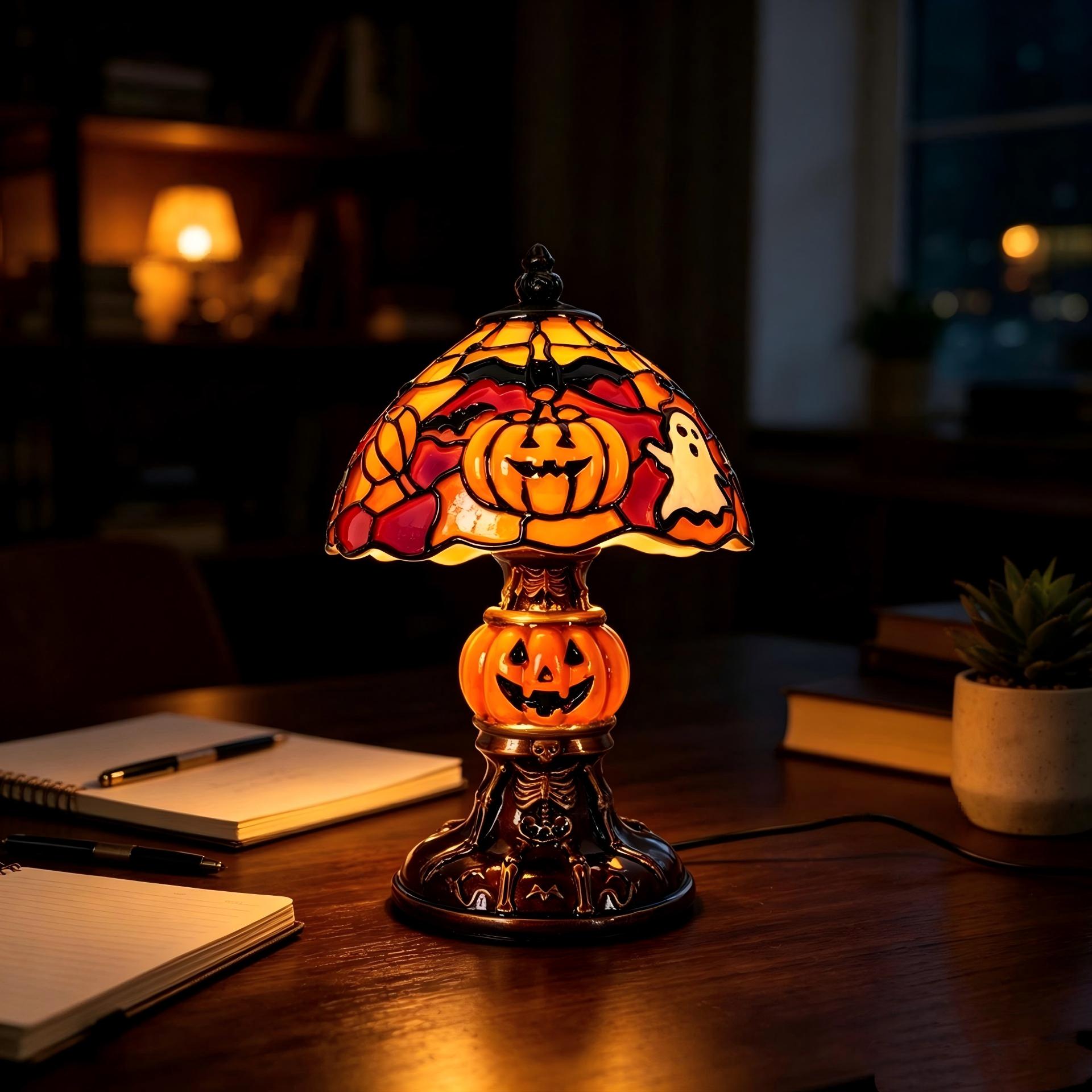 Ghost Stained Glass Night Light, Bat and Pumpkin Glow Lamp, Retro Decorative Table Lamp for Bedroom and Bookshelf, Halloween Seasonal Home Decor
