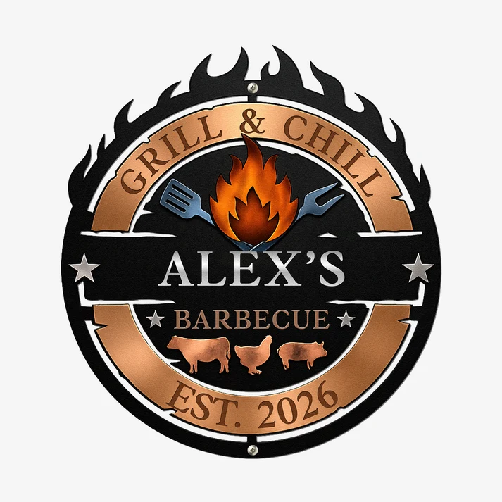 Rustic Flame Grill Sign for Men Who Cook – Personalized Outdoor Wall Art for Backyard Barbecue Lovers, Man Cave or Garage Decor