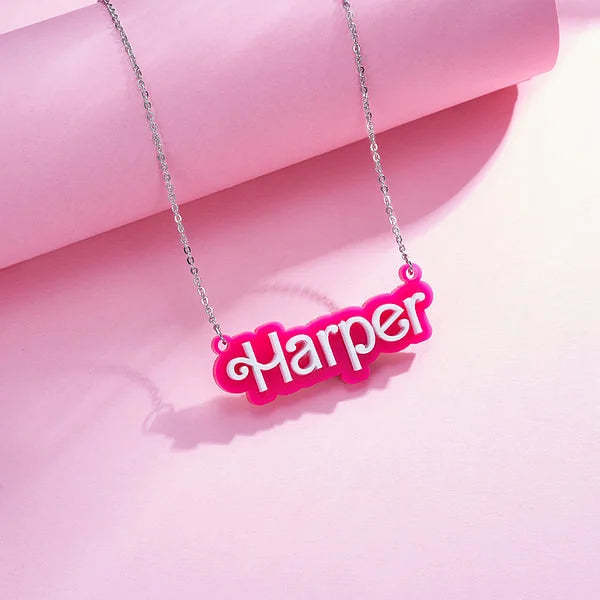 Personalized Pink and White Barbi Doll Acrylic Necklace with Name Christmas Birthday Valentine's Day Gift for Her - soufeelus