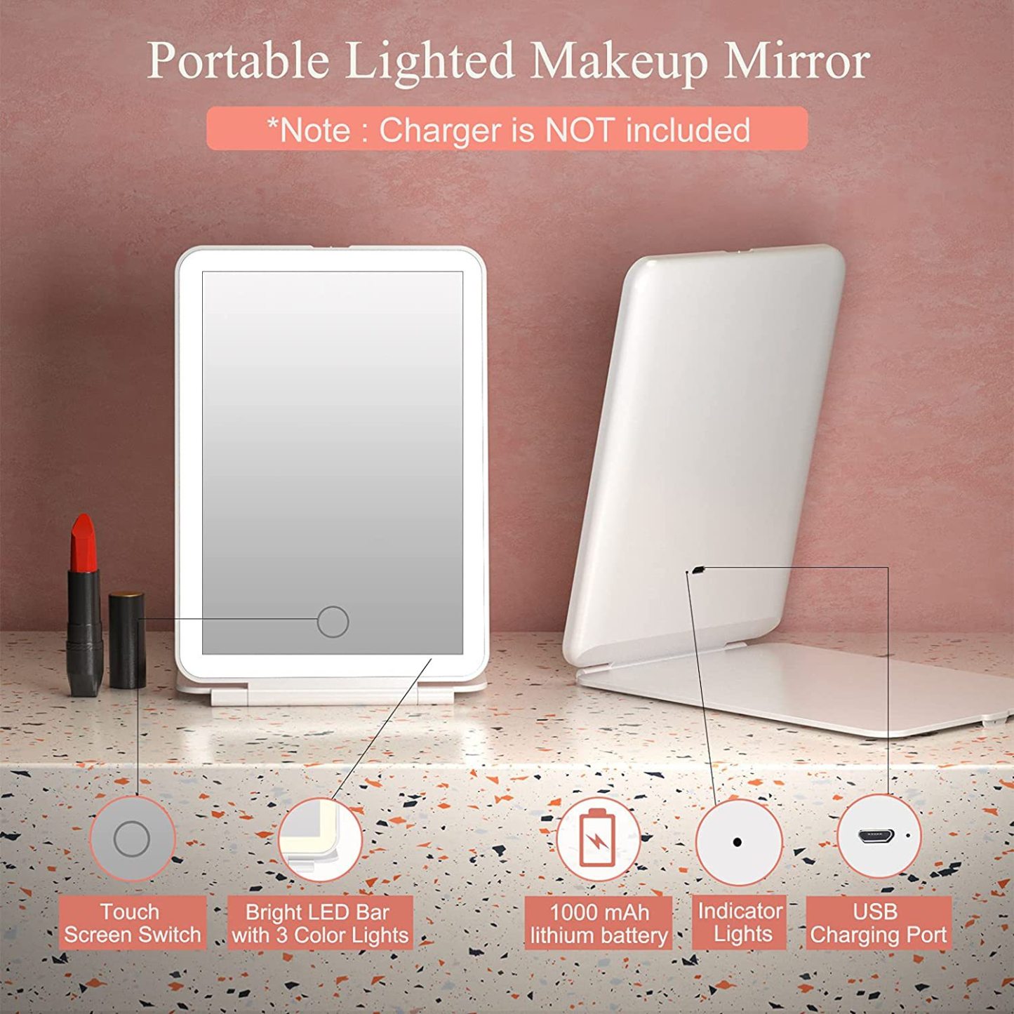 Engraved Name Led Makeup Mirror Three-Color Light With Light Makeup Mirror Dimming Touch Mirror Flip Beauty Mirror Portable Dressing Mirror