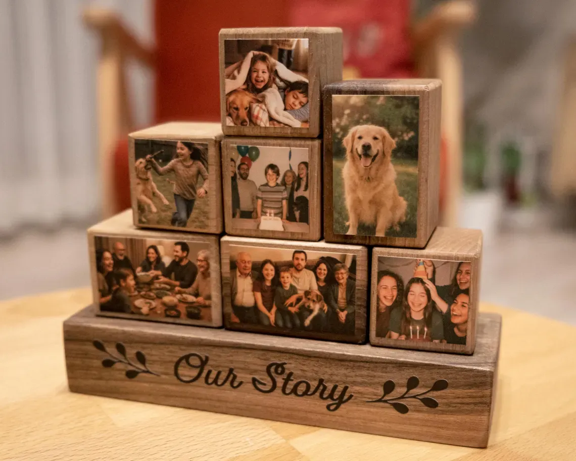 Custom Wooden Photo Blocks Collage – Stackable Wood Photo Block Set, Family & Wedding Display, Personalized Picture Blocks Gift
