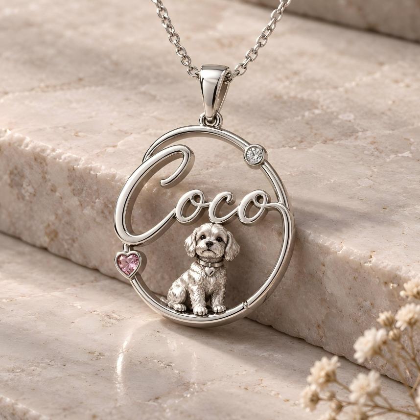 Personalized Pet Name Necklace Custom 3D Photo Necklace in Sculptural 925 Sterling Silver with Pet Portrait & Heart Gemstone Accents Sentimental Jewelry Gift for Pet Lovers