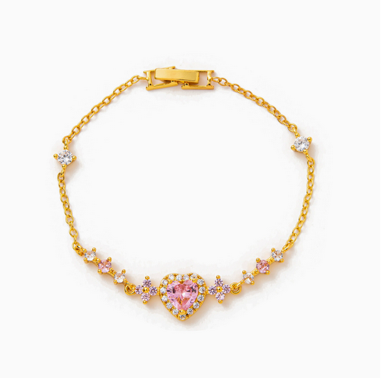 Pink Heart Bracelet Sparkling Gold Chain Jewelry Gift