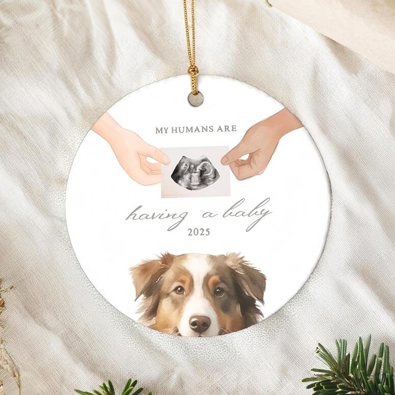 Custom Baby and Pet Photo Announcement Ornament Personalized Expecting Family Christmas Keepsake Painted Dog Portrait Ornament