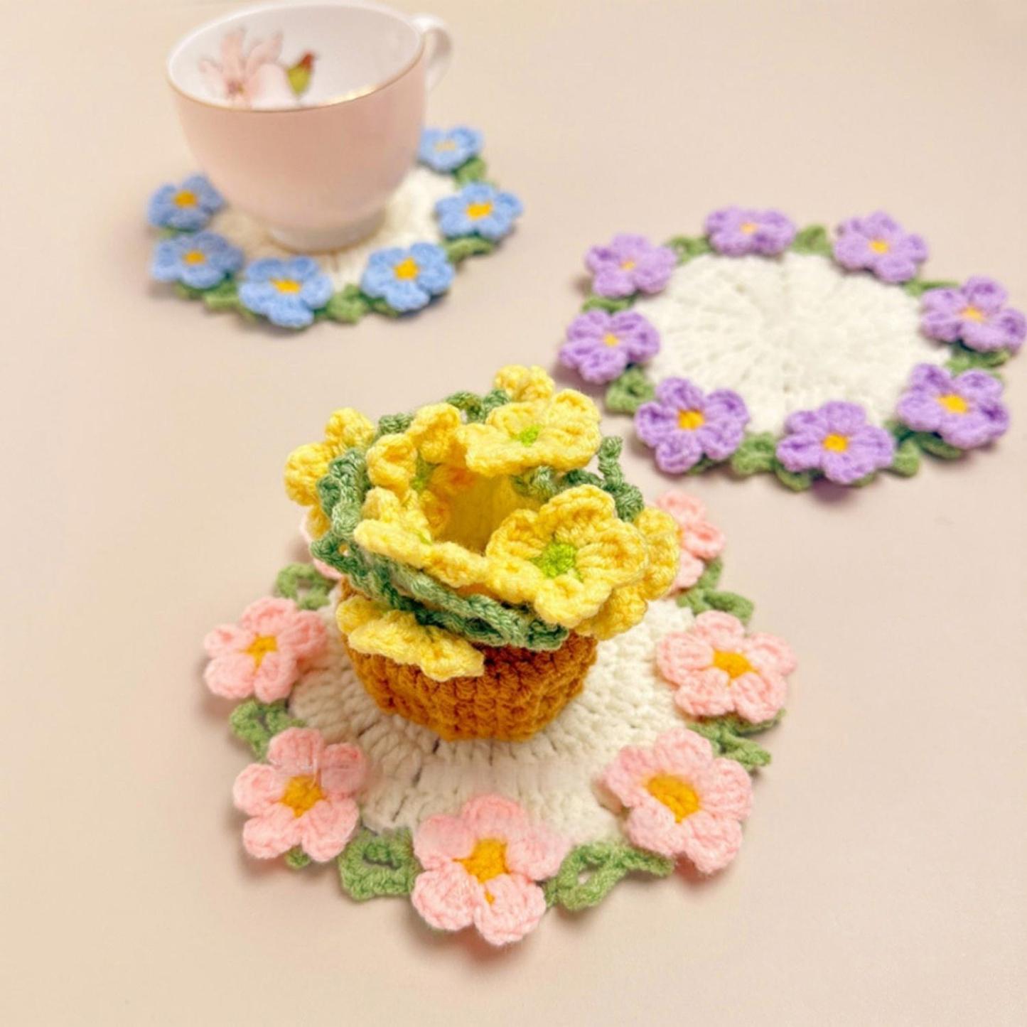 Knitted Flower Coasters Rapeseed Coaster Finished Hand-woven Flower Basket Decoration Gift For Mother And Girlfriend