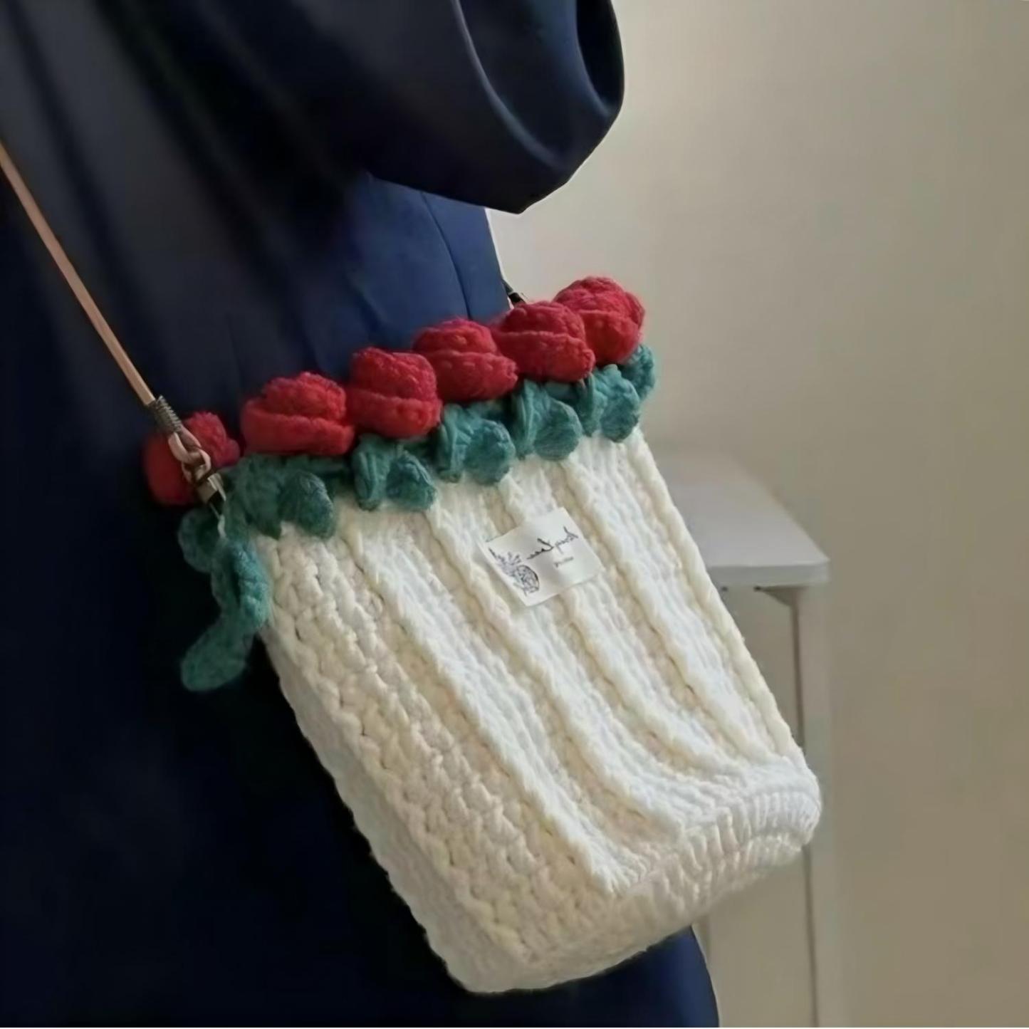 Knitted Rose Bouquet Bag Woven Bucket Bag Finished Hand-woven Flower Bouquet Gift For Mother And Girlfriend