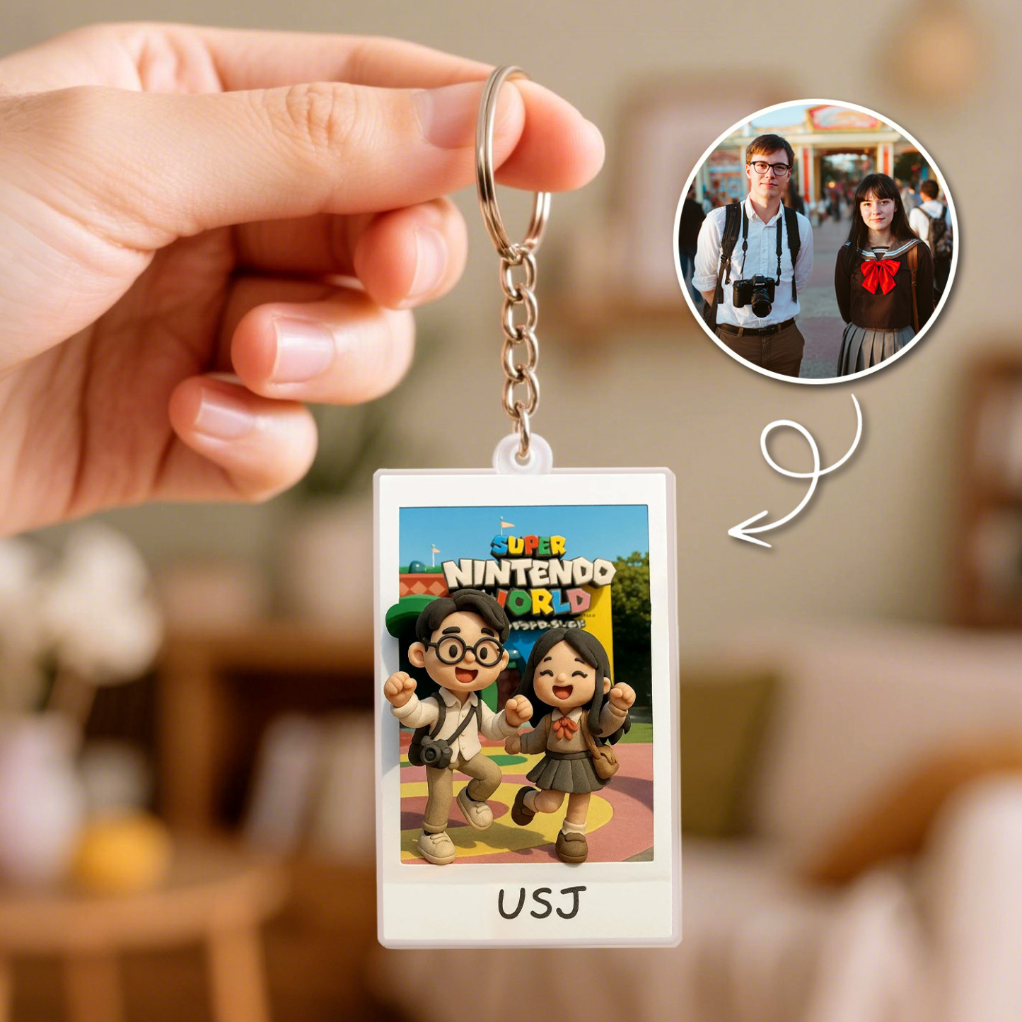Custom 3D Acrylic Travel Photo Keychain with Text Anniversary Gift