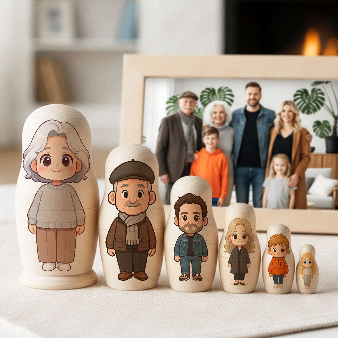 Personalized Portrait Nesting Doll Custom Photo Family Portrait Cartoon Style Gift Photo Gift for Grandma