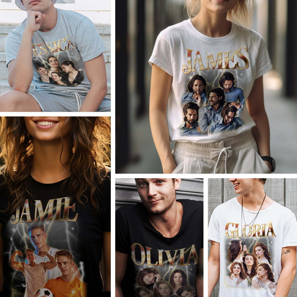 Custom Photo Vintage Tee Personalized Name T-shirt Couple Gifts Black For Him - soufeelus