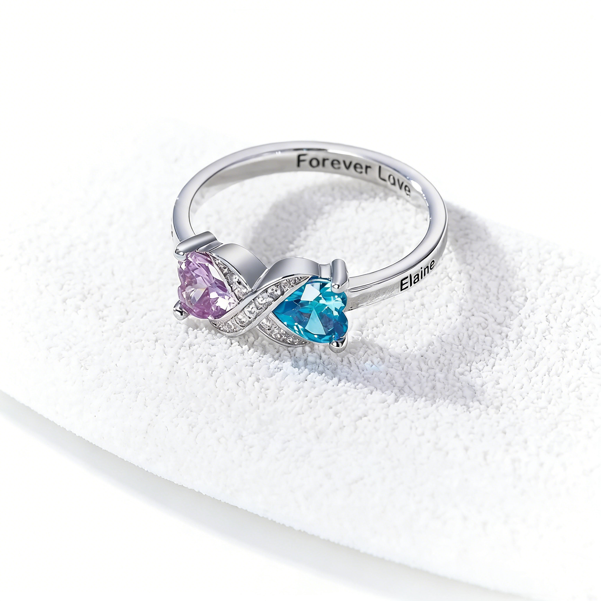 Personalized Heart Birthstones Infinity Ring with Engraved Names and Text Birthday Anniversary Engagement Gift for Women
