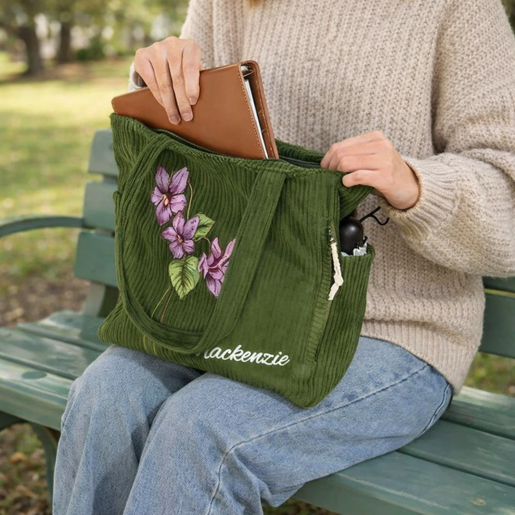 Personalized Birth Flower Corduroy Large Capacity Tote Bag with Name Daily Use Birthday Gift for Women