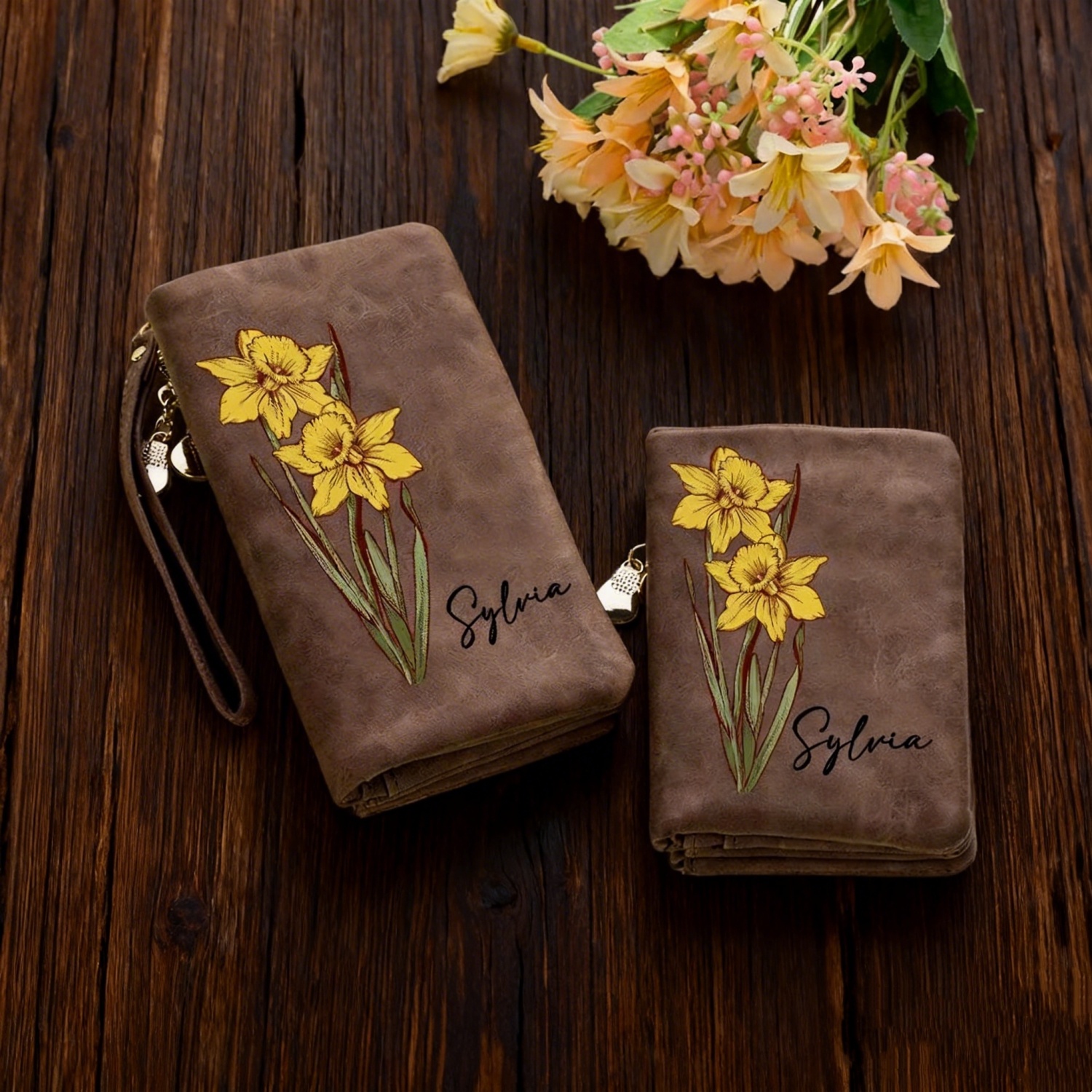 Personalized Watercolor Birth Flower Tri-Fold PU Leather Wristlet Wallet with Card Holder and Name Birthday Anniversary Gift for Women