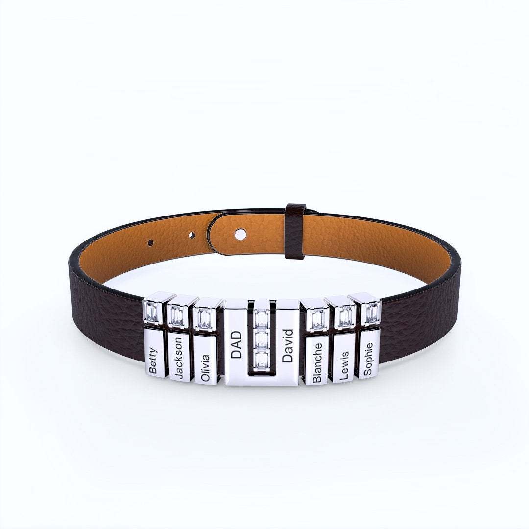 Men's Personalized Leather Bracelet With Adjustable Diamond Beads Rose Gold Plated Stainless Steel For Father's Day 