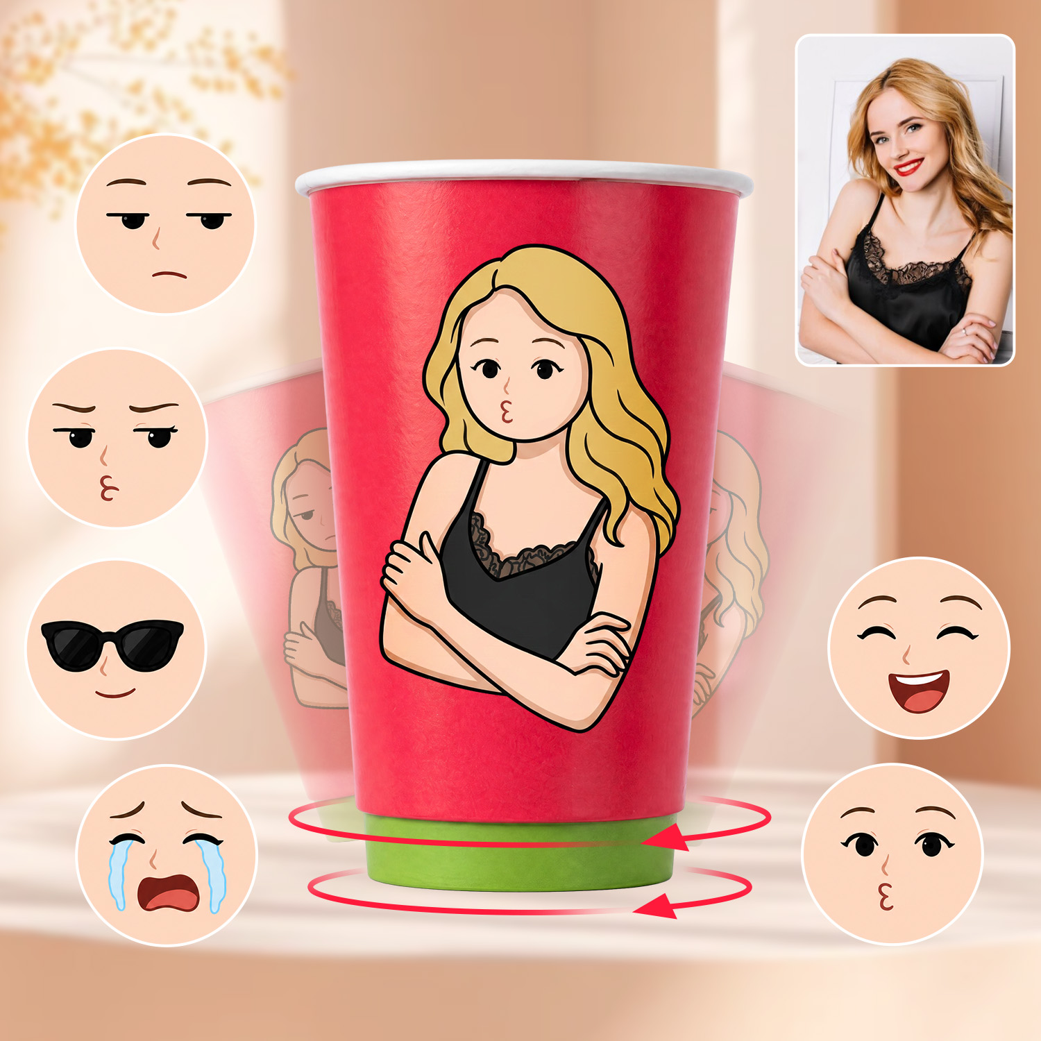 Custom Photo Portrait Rotating Paper Cup Personalized Emoji Face Replaceable Funny Gifts