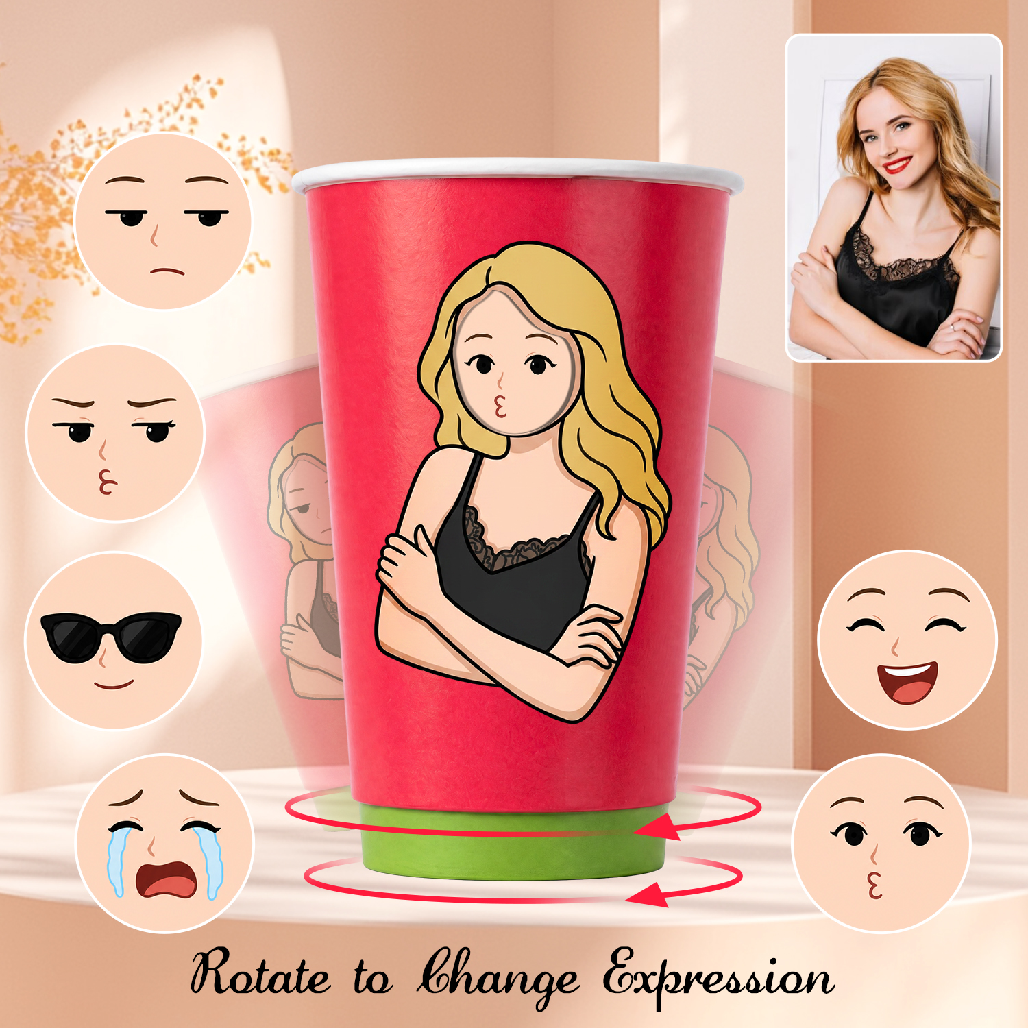 Custom Photo Portrait Rotating Paper Cup Personalized Emoji Face Replaceable Funny Gifts