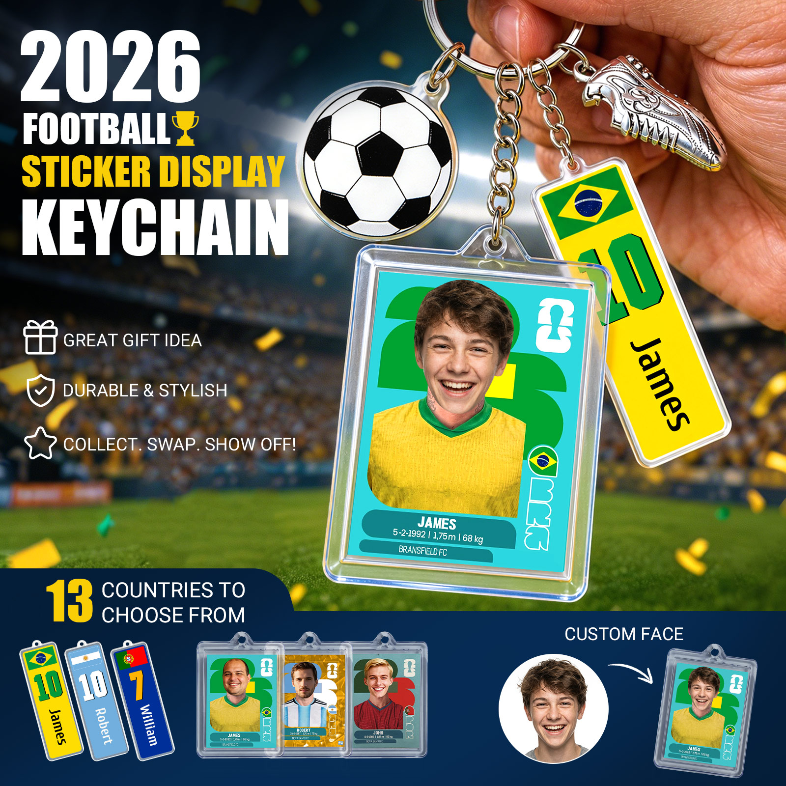 Custom Soccer Sticker Display Keychain – Personalized Football Player Card Holder with Custom Face, Name, Number & Team Design