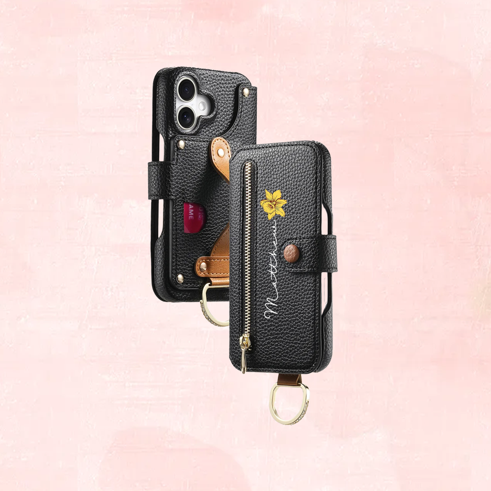Personalized Birth Flower Name Leather Flip Wallet Phone Case with Card Holder