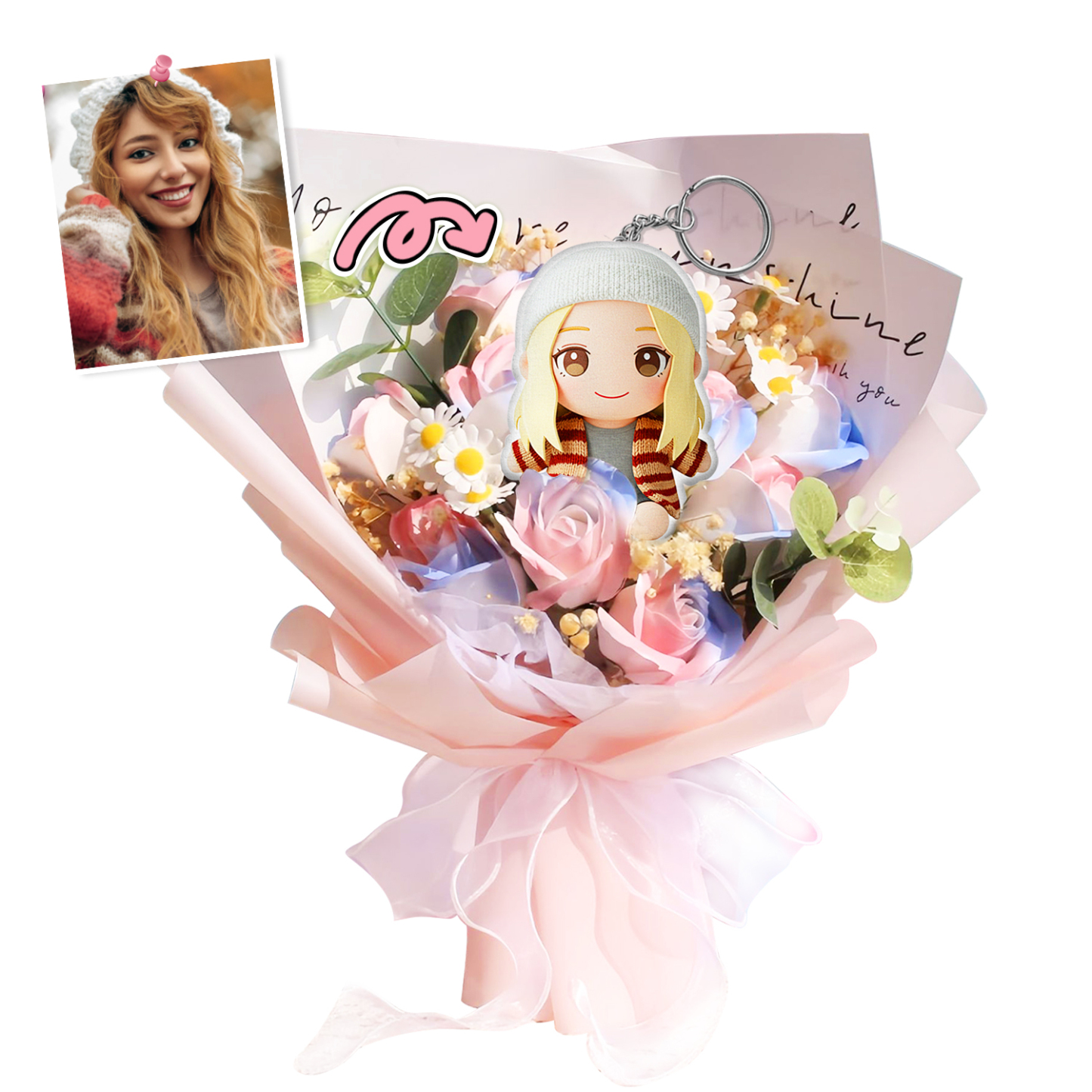 Custom Photo Plush Keychain Doll Bouquet Personalized Cartoon Mini Doll Flowers Mother's Day Gift