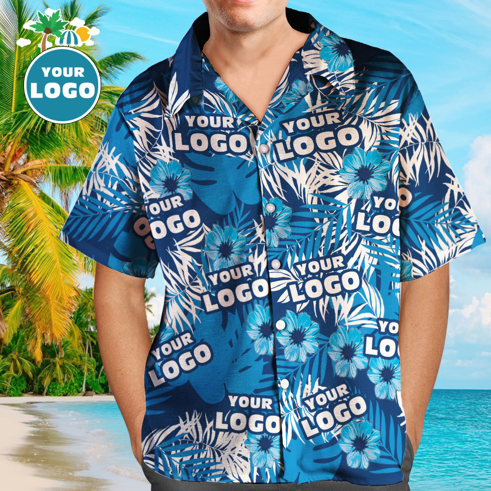Custom Logo Hawaiian Shirts Flowers and Leaves Design Personalized Aloha Beach Shirt For Men