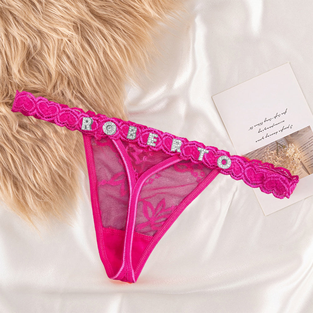 Custom Lace Thongs with Jewelry Crystal Letter Name Gift for Her detail