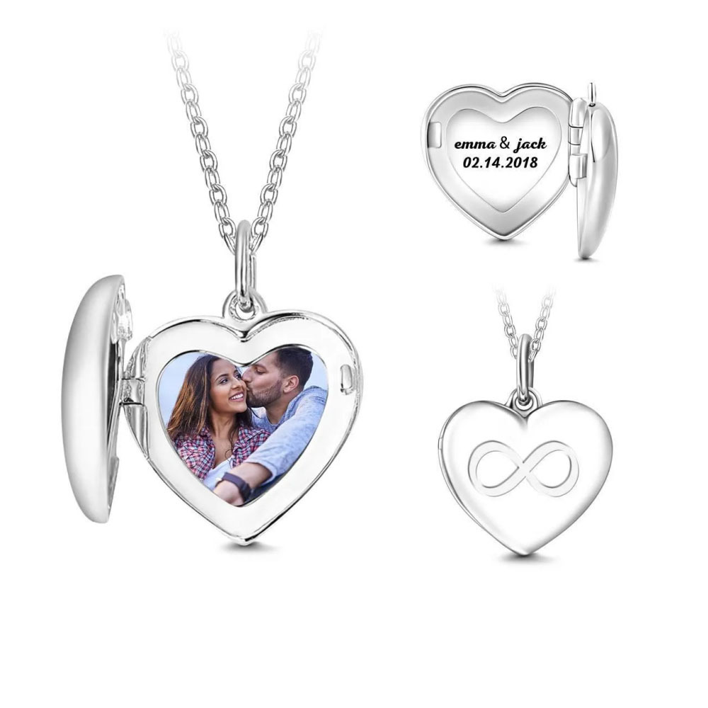 Inifinity Heart Engraved Photo Necklace Silver