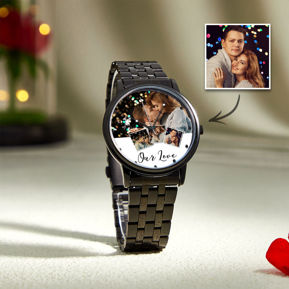 Personalized Engraved Photo Watch Men's Black Alloy Bracelet Photo Watch Valentine's Day Gifts To Boyfriend - soufeelus