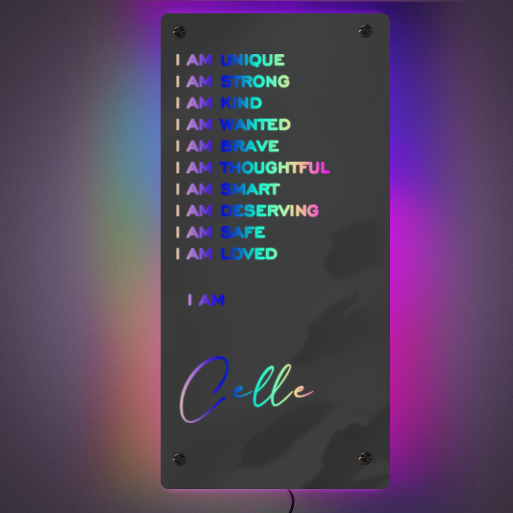 Custom Affirmations Mirror LED Neon Light I Am Mirror Personalized Name Light Up Mirror Bedroom Wall Art for Christmas Gifts Kids Mom Friend